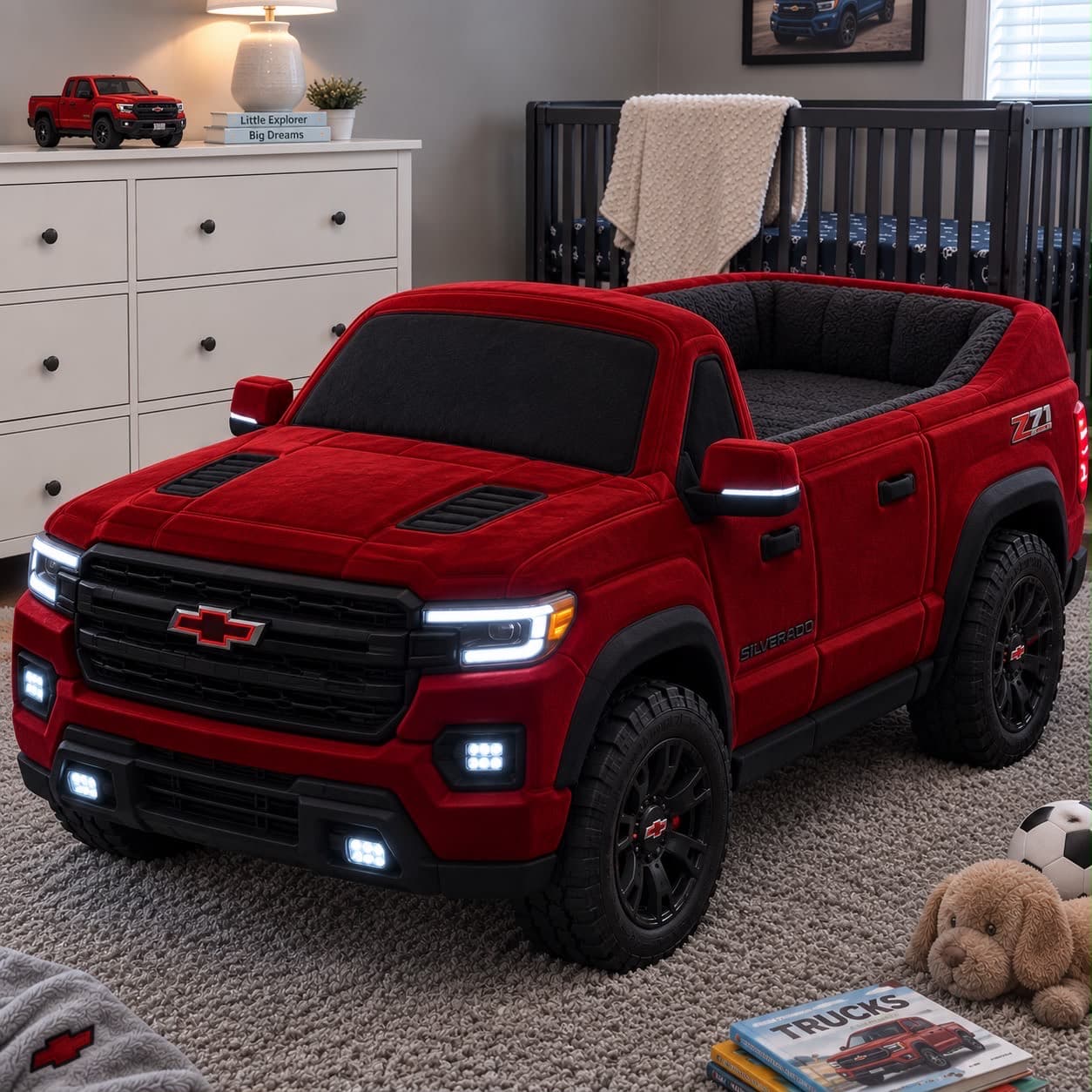 Red truck-shaped bed design in supplied product imagery